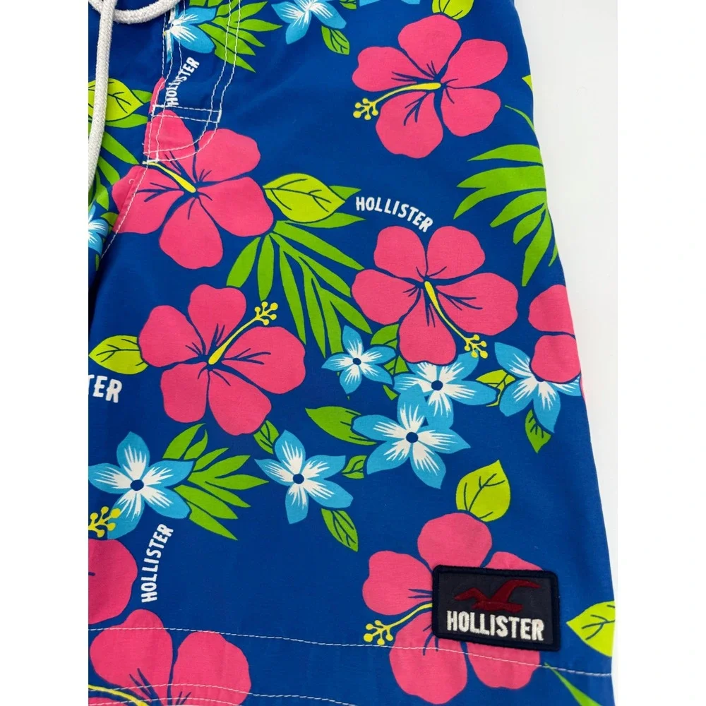 Hollister Board Shorts Men Large Blue Pink Hibiscus Floral Surf Beach Swim Trunk